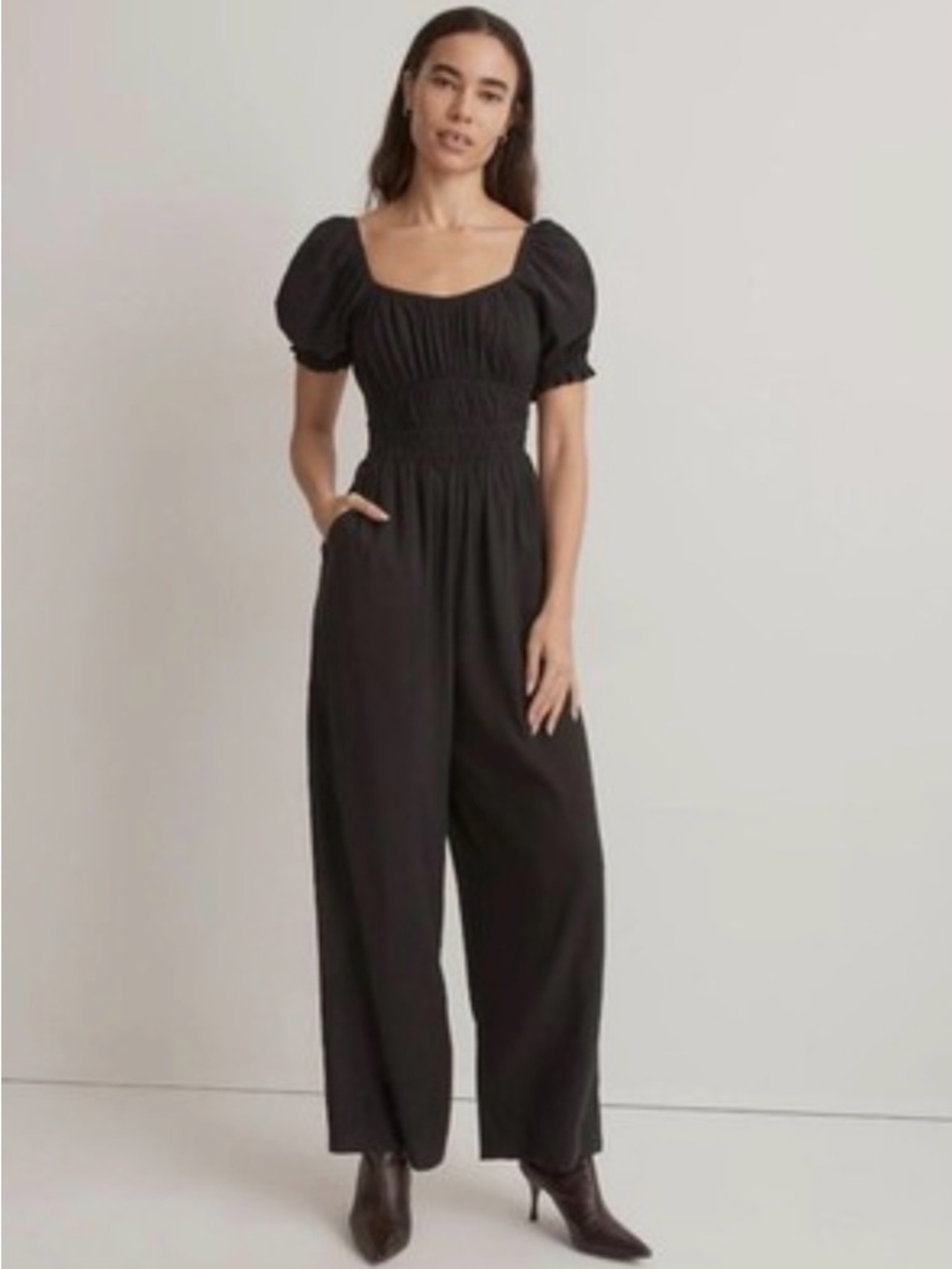Madewell The Sophia Scoop Neck Black Puff-Sleeve Jumpsuit
